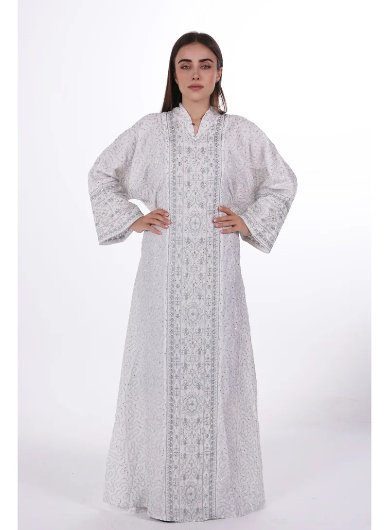 Embroidered Linen Jalabiya dress with unvisible belt